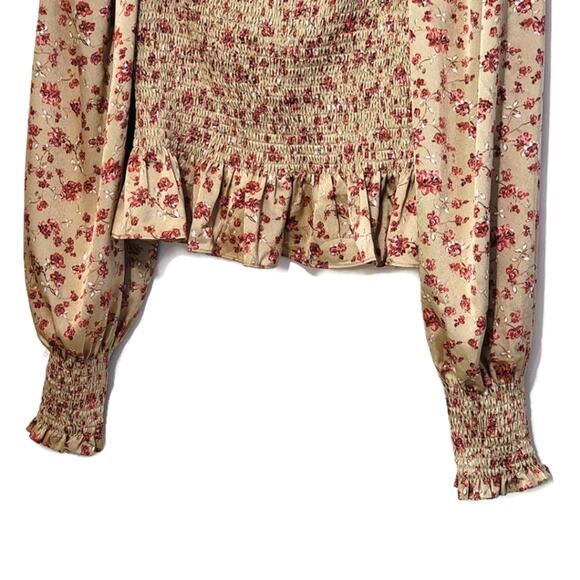 LUSH Floral Peplum Top Smocked Front Square Neckline Long Sleeve Size M - Picture 3 of 11